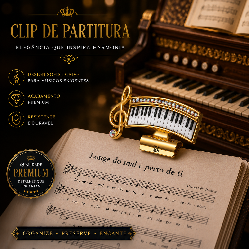 Prendedores de Partituras Órgão Par - Flash de Ouro com broche clave de sol